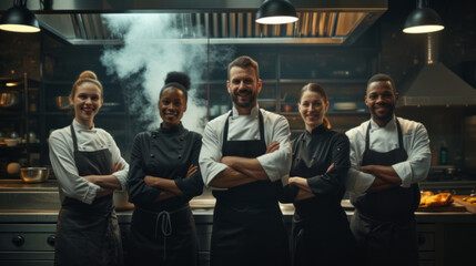 Diverse Culinary Team Posing Confidently in Commercial Kitchen - Powered by Adobe