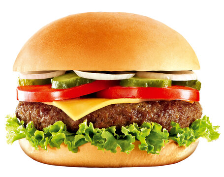 suculento hamb&uacute;rguer de carne bovina com salada de alface, picles, cebola, tomate e queijo cheddar isolado em fundo transparente 