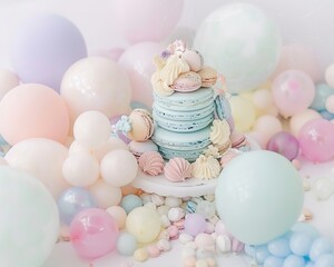 Fototapeta na wymiar Soft pastel birthday theme macaron cake balloons with gentle hues