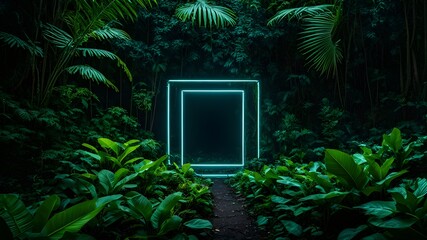 neon circle, octagon, rectangle between tropical leaves, dark tropical forest, leaves environment, neon glow, darkness, tropical environment, forest, background, wallpaper