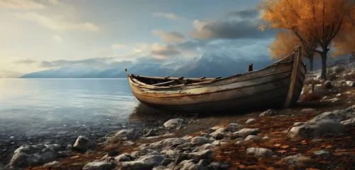 Fototapeten Fantasy landscape with old boat on the lake. Generative AI © ceoJAHID