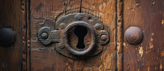 A detailed shot of a keyhole on a sturdy wooden door, capturing the intricate metal circle and font of the door knob.