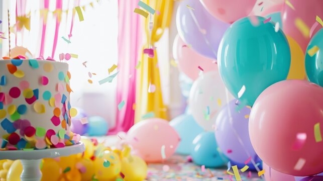 Vibrant birthday party setup colorful balloons arch festive confetti