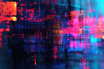 Abstract Painting of a City at Night With Vibrant Lights and Dynamic Skyline, Glitchy abstract patterns starring in a future cybernetic scenario, AI Generated