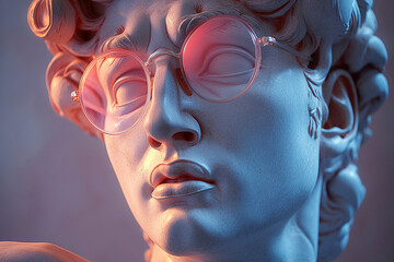 Ancient greek David's head sculpture wearing pink sunglasses. Bust sculpture in glasses. Minimal composition, modern art, party, vacation and romantic concept
