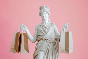Ancient Greek goddess sculpture carrying shopping bags. Sale and discounts concept. Black Friday Sale, promotion, marketing, advertisement. Overconsumption, fast fashion, consumer culture, shopaholic