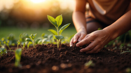 hands planting single plant , plant's survival in the drought, Inspiring actions to save the world,...