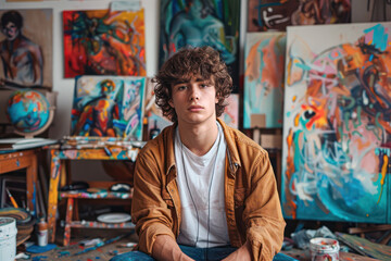 Artist in studio with colorful paintings