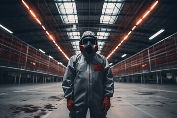 Man in mask and protective clothing inside an empty warehouse