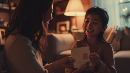 Mothers smile receiving a handmade card from her child