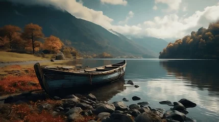Gordijnen Fantasy landscape with old boat on the lake. Generative AI © ceoJAHID