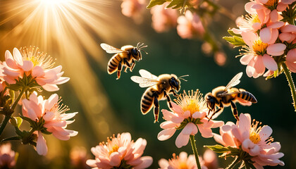 Nahaufnahme Biene fliegt vor Frühlings Himmel um frisch leuchtende Blüten Blume und sammelt Pollen für Honig und Nahrung, bestäubt Pflanzen damit diese Früchte tragen können, Hintergrund Sommer Sonne - obrazy, fototapety, plakaty