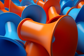 Orange colored megaphones, blue one on the top, can be used leadership/individuality concepts. 3d render - obrazy, fototapety, plakaty