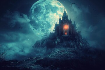 A photo of a majestic castle situated on a hill, with a full moon shining brightly in the background, Glowing haunted mansion on a hill overlooked by a full moon, AI Generated - obrazy, fototapety, plakaty