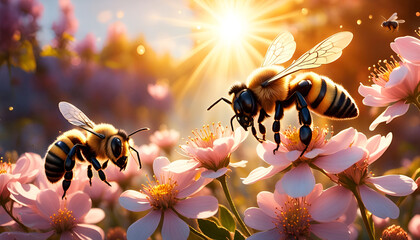 Nahaufnahme Biene fliegt vor Frühlings Himmel um frisch leuchtende Blüten Blume und sammelt Pollen für Honig und Nahrung, bestäubt Pflanzen damit diese Früchte tragen können, Hintergrund Sommer Sonne - obrazy, fototapety, plakaty