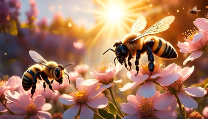 Fotobehang Nahaufnahme Biene fliegt vor Frühlings Himmel um frisch leuchtende Blüten Blume und sammelt Pollen für Honig und Nahrung, bestäubt Pflanzen damit diese Früchte tragen können, Hintergrund Sommer Sonne © www.barfuss-junge.de