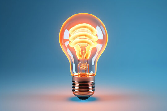 Orange colored brain inside the light bulb between the blue ones. Can be used innovation, creative idea, individuality concepts. 3d render