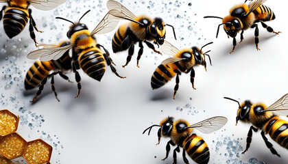 fleißige Bienen Honigbienen Insekten schwirren und fliegen vor Hintergrund in weiß mit Honig und Waben, Makro hübscher Tiere der Natur Nützlinge für Blüten Blumen Bestäubung und Nahrung - obrazy, fototapety, plakaty