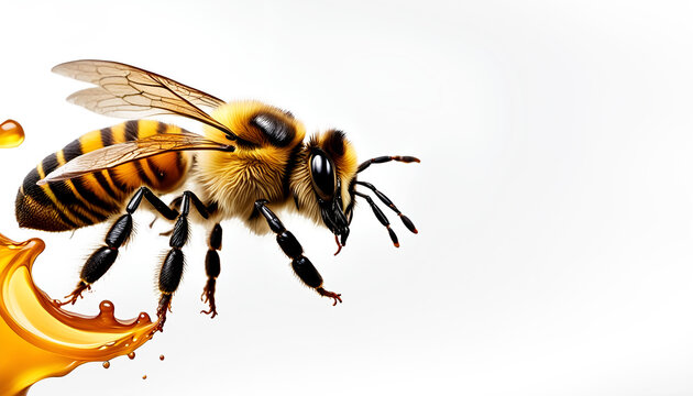 flei&szlig;ige Bienen Honigbienen Insekten schwirren und fliegen vor Hintergrund in wei&szlig; mit Honig und Waben, Makro h&uuml;bscher Tiere der Natur N&uuml;tzlinge f&uuml;r Bl&uuml;ten Blumen Best&auml;ubung und Nahrung