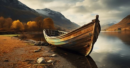 Fotobehang Fantasy landscape with old boat on the lake. Generative AI © ceoJAHID
