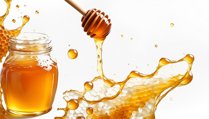 Gold gelb flüssiger Honig fließend dynamisch in Waben als süßes Essen gesunde Nahrung von Honigbienen natürlich vegan vegetarische leichte Kost, Einmachglas Produkt Hintergrund und Vorlage 