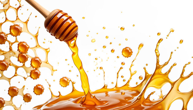 Gold gelb fl&uuml;ssiger Honig flie&szlig;end dynamisch in Waben als s&uuml;&szlig;es Essen gesunde Nahrung von Honigbienen nat&uuml;rlich vegan vegetarische leichte Kost, Einmachglas Produkt Hintergrund und Vorlage 