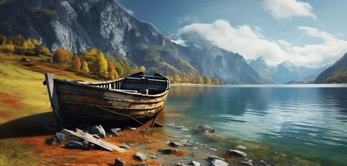 Fotobehang Fantasy landscape with old boat on the lake. Generative AI © ceoJAHID