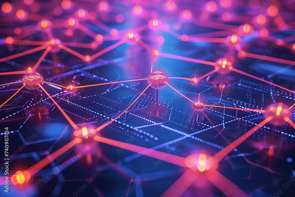 Poster a detailed view of a computer circuit board showcasing microchips and intricate copper traces, glowi