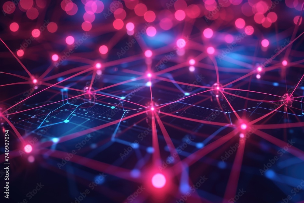 Poster a computer screen displaying red and blue lights illuminating the screen, glowing neon network nodes