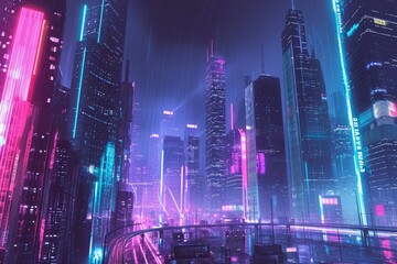 A vibrant cityscape at night, showcasing a modern metropolis with futuristic architecture and brightly illuminated neon lights, Glowing neon cityscape in a futuristic city, AI Generated