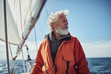 Deurstickers Old man sailing on a sailboat looking at the horizon. Active retirement concept. Senior lifestyle. © Concept Island