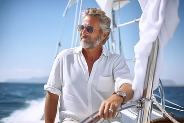  handsome 70 year old man standing at the stern of a sailboat manning the helm while looking out to the horizon with the sea in the background © Concept Island