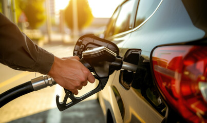 A hand holding a fuel nozzle, refilling the car at the gas station. - obrazy, fototapety, plakaty