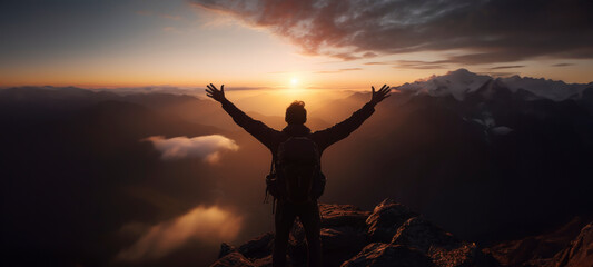 Explorer with raised arms facing sunrise over mountains.