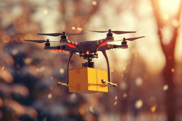 Fototapeta na wymiar Smart package Drone Delivery machine learning. Box shipping parcel route parcel parcel handling transportation. Logistic tech embb mobility parcel drone