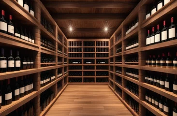 Foto op Plexiglas home winery, old cellar with bottles and barrels, wooden wine shelves, wine cellar, aesthetic storage, expensive alcoholic beverages © Svetlana Leuto