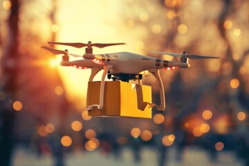 Smart package Drone Delivery high bandwidth. Box shipping iot parcel smart cities transportation. Logistic tech smart shades mobility delivery fulfillment - obrazy, fototapety, plakaty