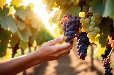 a hand plucks a bunch of grapes, bunches of grapes hang from a branch, a grape plantation, a summer vineyard, harvesting, wine production, a sunny day
