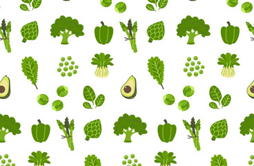 Seamless pattern of green vegetables: broccoli, asparagus, avocado, cauliflower, spinach. Healthy food and vegetarian diet concept. 