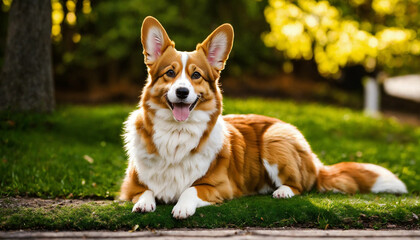 The Pembroke Welsh Corgi poses with his whole body in nature