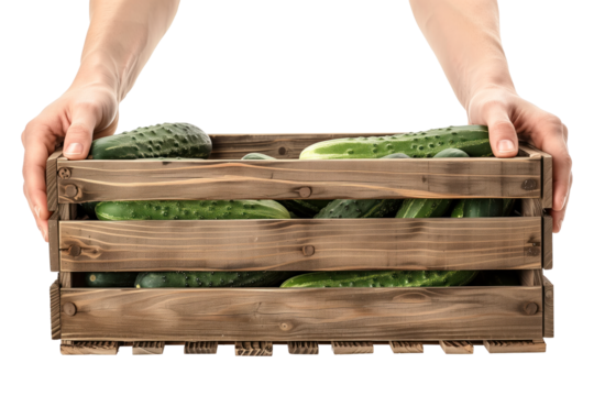 A man's hands hold box with cucumbers on a white or transparent background. Selling cucumbers at a market or store close-up.