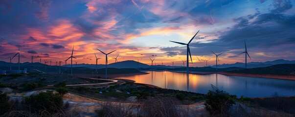 Wind Farm at Sunset over a Lake A Photo-Realistic Landscape