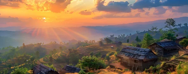 Poster Sunset over Ancient Houses in Rice Terraces Burmese Art Style © JubkaJoy