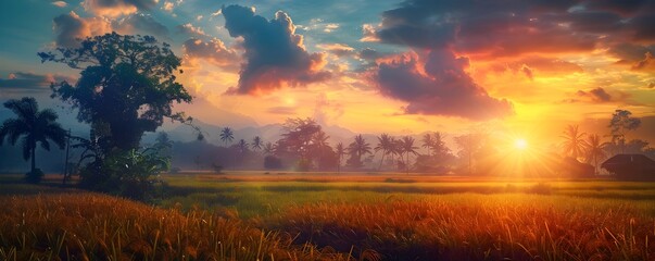 Summertime Sunset Over Rice Fields