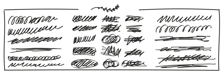 Set of design linear elements hand draw for highlighting text, notes, textbox. Strikethrough, crossing out lines with a thin marker. Vector in the doodle style