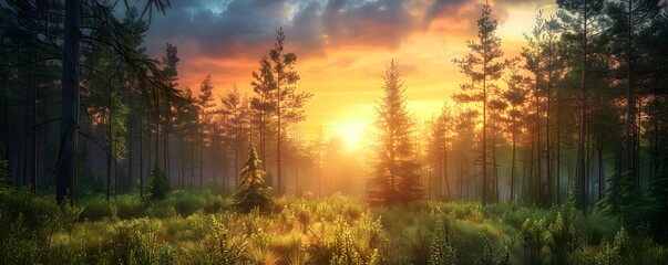 Morning Sunrise Over a Summer Forest
