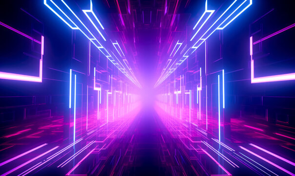 An otherworldly setting unfolds in the form of a dark and abstract sci-fi tunnel within a futuristic spaceship.