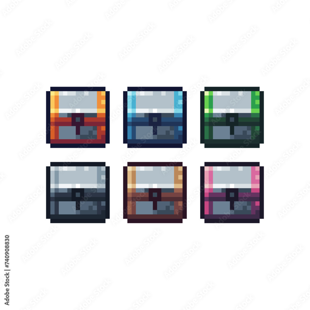 Fototapete pixel art sets icon of chest rpg in variation color. chest item save icon on pixelated style. 8bits 