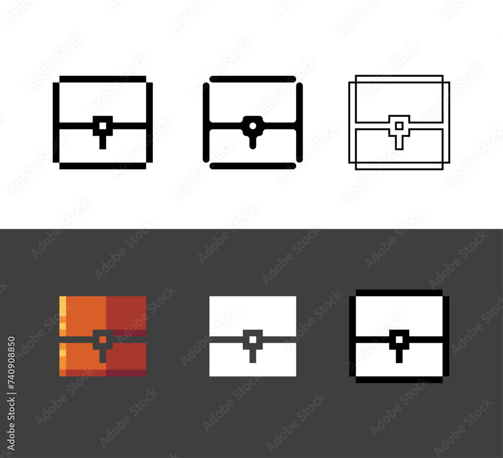 Poster pixel art outline sets icon of chest rpg in variation color. chest item save icon on pixelated style