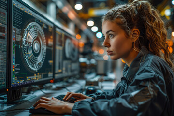 A focused woman in a sleek black jacket harnesses the power of technology indoors as she works diligently on her computer, her determined expression reflecting her determination and drive - obrazy, fototapety, plakaty
